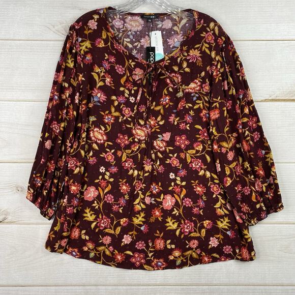 Papermoon Stitch Fix Women 2XL Top Red Floral Boho Tie Neck Pullover 3/4 Slv NWT - Picture 1 of 9